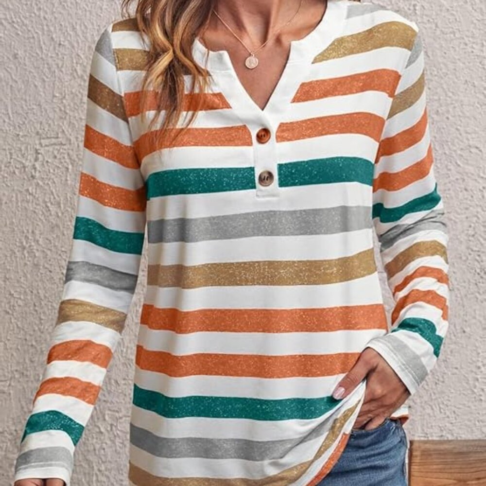 Women's Long Sleeve Shirts Fall Fashion Dressy Casual Tops Trendy Striped Orange